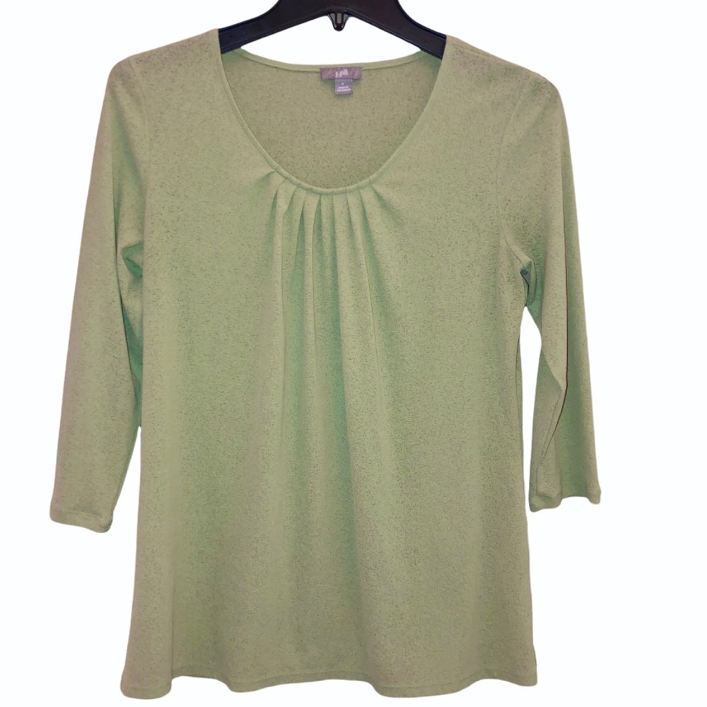 J Jill‎ Green Pleated Semi Sheer 3/4 Sleeve Top Small